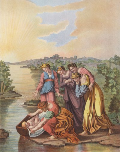 Moses bliver reddet fra Nilens vande (farve litho) af after Raphael