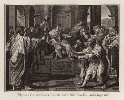 Raphael tegnefilm: Elymas the Sorcerer Struck with Blindness, Acts, Chap XIII (gravering) af after Raphael