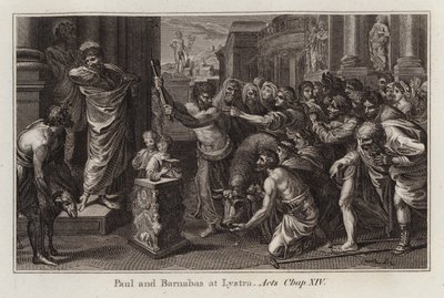 Raphael tegneserie: Paul og Barnabas i Lystra, Apostlenes Gerninger, Kap XIV (gravering) af after Raphael