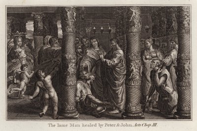 Raphael tegneserie: Den lamme mand helbredt af Peter og Johannes, Apostlenes Gerninger, Kap III (gravering) af after Raphael
