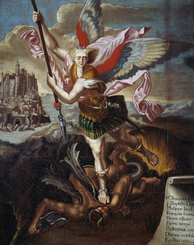St Michael and the Devil, af Raphael Sanzio, eks-votiv for seks pilgrimme på pilgrimsrejse til Mont Saint-Michel af Raphael (1483 1520) (after)