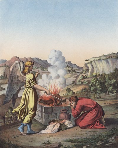 Englen dukker op foran Gideon (farve litho) af after Raphael