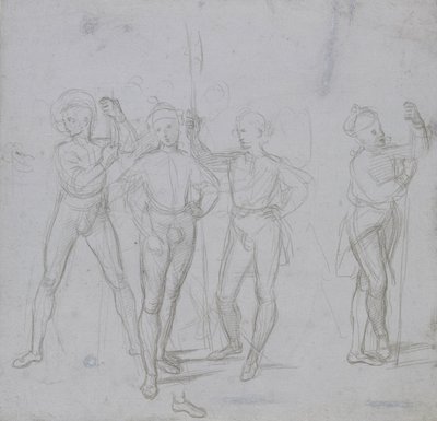 Gruppe på fire stående soldater (sølvspids på et blågrå præparat på råhvidt papir) af Raphael
