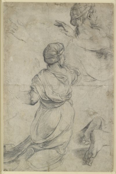 Recto: Studier for to knælende kvinder, WA1846.198 (sort kridt) af Raphael