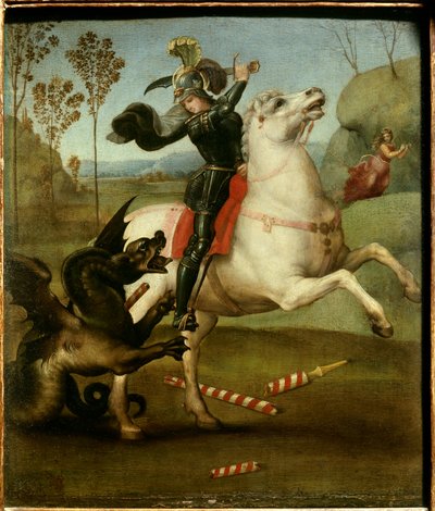 Sankt George kæmper med dragen Raphael (1483-1520/italiensk) Olie på træpanel - “” Sankt George kæmper med dragen””” Maleri af Raffaello Sanzio (Raphael) (1483-1520) 1505 Søn. 0,29x0,25 m af Raphael