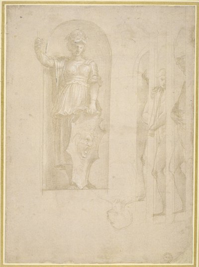 Studier til en figur af Minerva og andre statuer (sølvspids med hvid forhøjning på papir) af Raphael