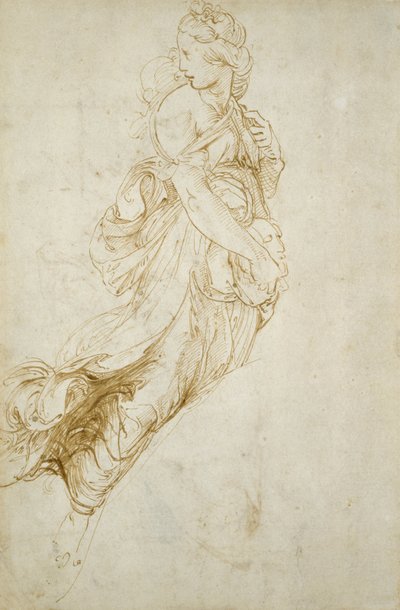 Undersøgelse for figuren af Melpomene (pen og brunt blæk på råhvidt papir) af Raphael