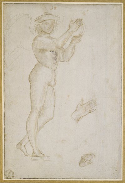 Studie af en ung mand, der laver musik (sølvspids, forhøjet med kropsfarve, på et bleg stengrå præparat) af Raphael
