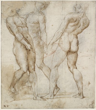 Tre nøgenbærere (studie for Kristi gravlæggelse), WA1846.173 (pen og brunt blæk over sort kridt, med rødt kridt over geometriske angivelser) af Raphael