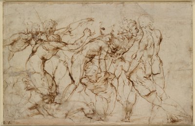 Slagscene med fanger, der bliver drevet, tidligt i det 16. århundrede af Raphael