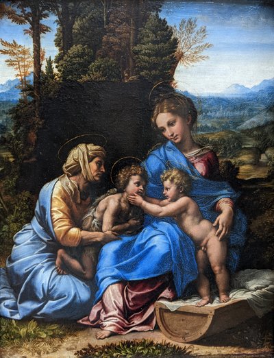 Fransk:  La Petite Sainte Famille Den hellige familie med den hellige Elizabeth og spædbarnet Sankt Johannes af Raphael