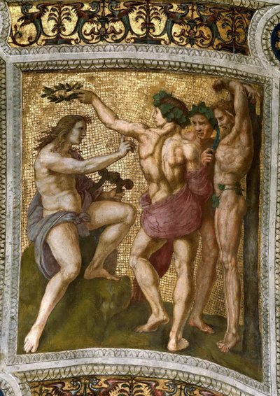 Marsyas og Apollo. Loftfresco i Stanza della Segnatura, ca 1510-1511. af Raphael
