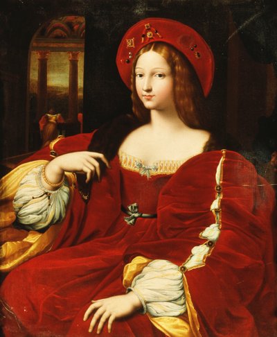 Portræt af Giovanna af Aragon, siddende i trekvart længde, i hendes kammer, af Raphael