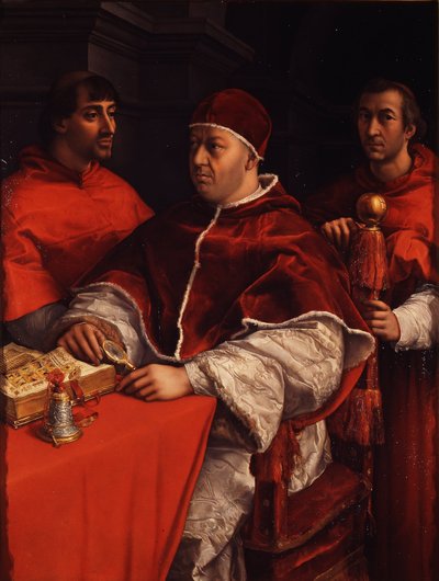 Portræt af pave Leo X med kardinalerne Giulio de Medici og Luigi de Rossi, ca 1518 af Raffaello Sanzio Raphael