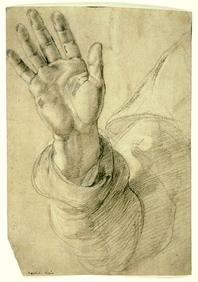 Ophøjet højre hånd, med håndfladen vendt udad: Study for Saint Peter, 1518-20 af Raphael