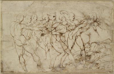 Et slag af nøgne krigere med fanger, WA1846.179 (pen og brunt blæk over sort kridt) af Raffaello Sanzio Raphael