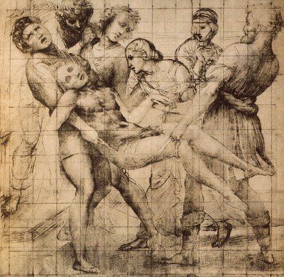 Forberedende tegning til transporten af ​​døde Kristus også kendt som pala Baglioni; Rafaels værk. Kabinet med tegninger og tryk, Uffizi, Firenze af Raffaello Sanzio Raphael