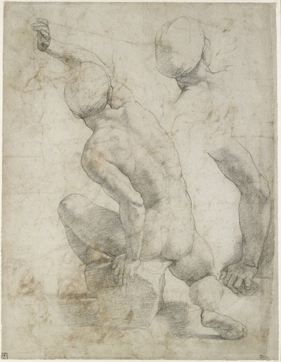 Recto: Nøgen mand siddende på en sten, WA1846.200 (sort kridt på råhvidt papir) af Raffaello Sanzio Raphael