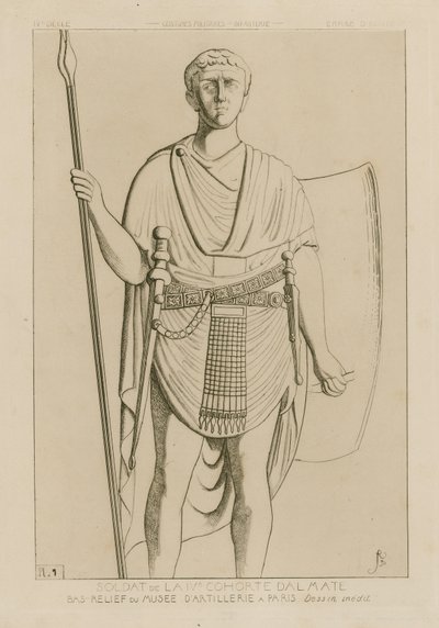 Soldat fra den 4. dalmatiske kohorte. Basrelief fra Artillerimuseet i Paris. Unik tegning. Militære kostumer - infanteri - det vestlige imperium. af Raphael Jacquemin