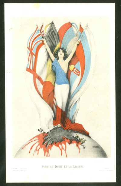 Postkort, farvesatirisk: For Lov og Frihed - War of 14 -18, Allierede, Flag - Eagle Illustration af Kirchner (1876-1917) af Raphael Kirchner