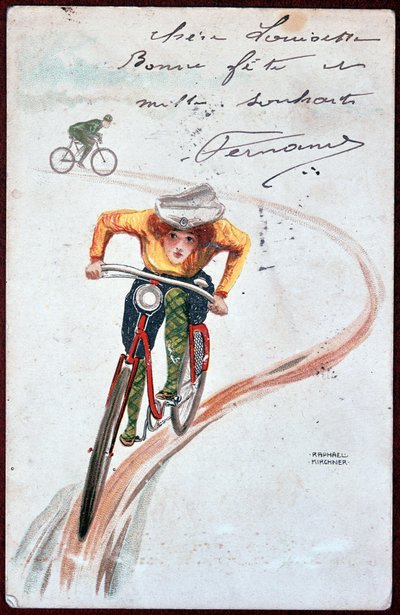 Postkort af en kvinde på cykel - tegning af R. Kirchner, ca. 1900. af Raphael Kirchner