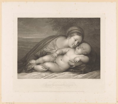 Mary med sovende barn i landskab Parce Somnum Rumpere (titel på objekt) af Raphael Morghen