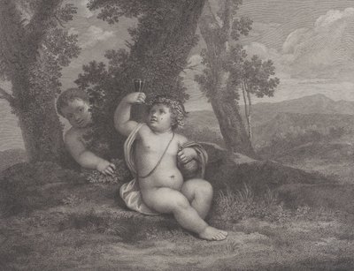 Spædbarnet Bacchus sad under et træ, holder et vinglas op, med et andet spædbarn bag..., 1780 af Raphael Morghen