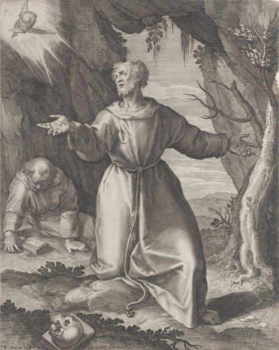 Saint Francis knæler med strakte arme og ser mod en kerub øverst til venstre,..., 1599. af Raphael Sadeler