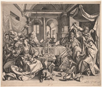 Stultitiam patiuntur opes Rigdom tillader dumhed, eller allegori om rigdom, begær og dumhed, 1 af Raphael Sadeler