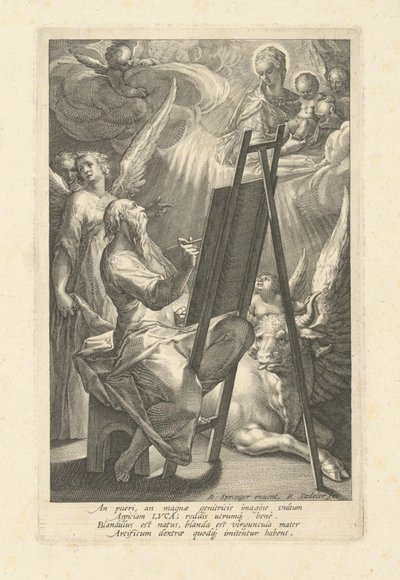 Sankt Lukas maler jomfruen af Raphael Sadeler I, after Bartholomaeus Spranger