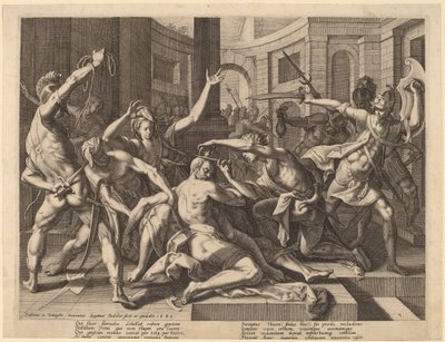 Delilah klipper Samsons hår af Raphael Sadeler I after Joos van Winghe