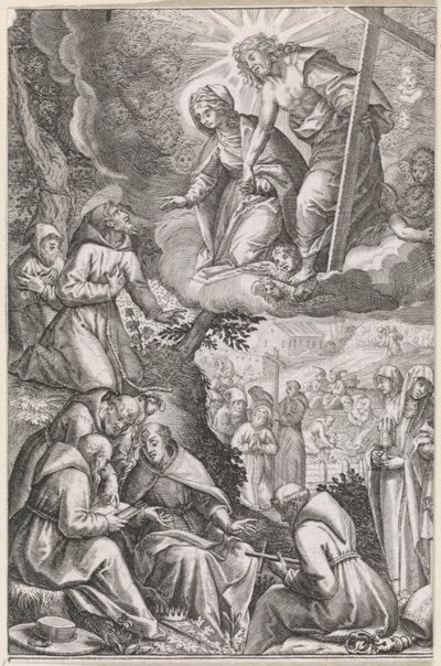 Kristus og Jomfru Maria viser sig for den hellige Frans og hans orden af Raphaël Sadeler (I)