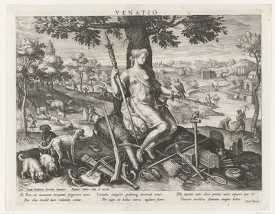 Diana som protektor for jagten Venatio (titel på objekt) Prinsens vigtigste aktiviteter (serietitel) Schema, seu speculum principum (serietitel) af Raphaël Sadeler (I)