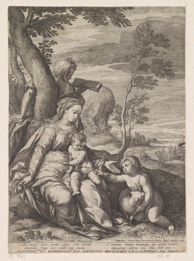 Hellig Familie ved et træ med Johannes Døberen som barn af Raphaël Sadeler (I)