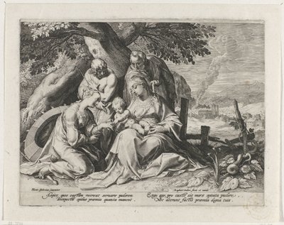 Hellig familie med Saint Catherine og Saint Sebastian Saint Catherines mystiske ægteskab af Raphaël Sadeler (I)