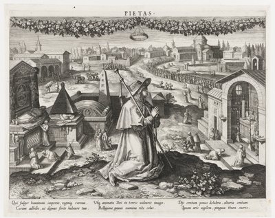 Pietas som personificeringen af ​​fromhed Pietas (titel på objekt) Prinsens vigtigste aktiviteter (serietitel) Schema, seu speculum principum (serietitel) af Raphaël Sadeler (I)