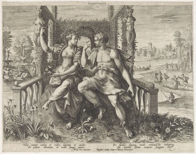 Sanguinsk temperament Sanguineus (titel på objekt) Vier temperamenten (serietitel) af Raphaël Sadeler (I)