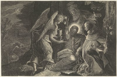 Kristus trøstes i Getsemane af en engel, Saint Dominic og Saint Catherine of Siena Lydighedens spejl Perfectissimvm Obedientiae Specvlvm (titel på objekt) Spejle af lydighed, kyskhed og fattigdom (serietitel) af Raphaël Sadeler (II)