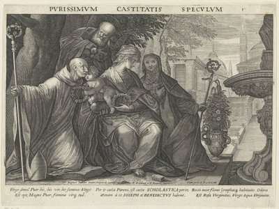 Hellig familie med Sankt Benedikt og Sankt Scholastica Kyskhedens spejl Pvrissimvm Castitatis Specvlvm (titel på objekt) Spejle af lydighed, kyskhed og fattigdom (serietitel) af Raphaël Sadeler (II)