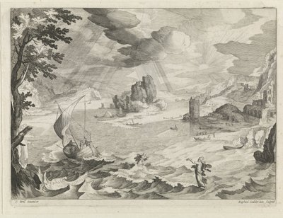 Sølandskab med Kristus og hans disciple i stormen på Galilæas Sø af Raphaël Sadeler (II)