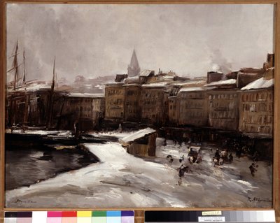 Quai du port, Marseille, under sneen Maleri af Raymond Allegre (1857-1933) Mål 56x74 cm. Obligatorisk omtale: Med venlig hilsen de Provence Marseille foundation collection af Raymond Allegre