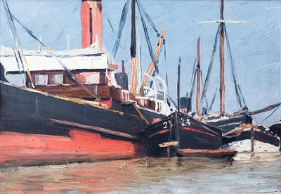 Både i en havn (olie på træ) af Raymond Bonnefon