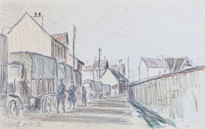 Konvoj af militærkøretøjer ved Trilport, ca. 1914-18 (blyant på papir) af Raymond Bonnefon