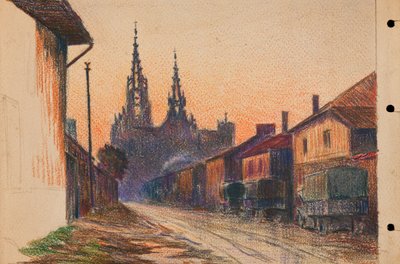 Militærlastbiler på en gade i en by i det østlige Frankrig, ca. 1914-18 (blyant på papir) af Raymond Bonnefon