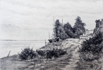 Skibsværft ved Girondes flodmunding (blyant og kul på papir) af Raymond Bonnefon