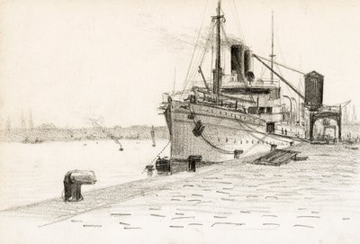 Fragtskib fortøjet i havnen i Bordeaux (trækul) af Raymond Bonnefon