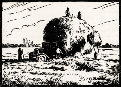 Hø-samling (linoleumssnit) af Raymond Bonnefon