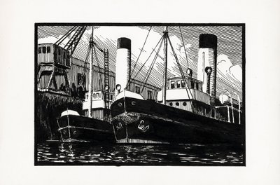 Skibe lagt til kaj i havnen i Bordeaux (linoleumssnit) af Raymond Bonnefon