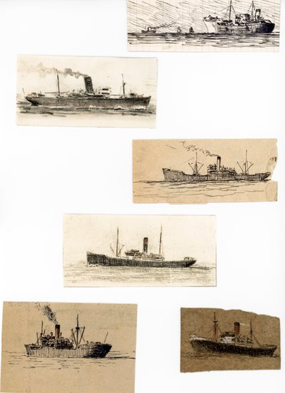 Skitser af forskellige fragtskibe fra handelsflåden (blæk, kul, blyant) af Raymond Bonnefon