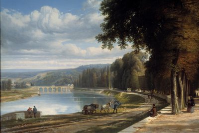 Gå til Parc de Saint Cloud Detail ved bredden af Seinen, heste på trækstien. Maleri af Raymond Esbrat (1809-1856) 1850 Roanne. Joseph Dechelette Museum af Raymond Esbrat
